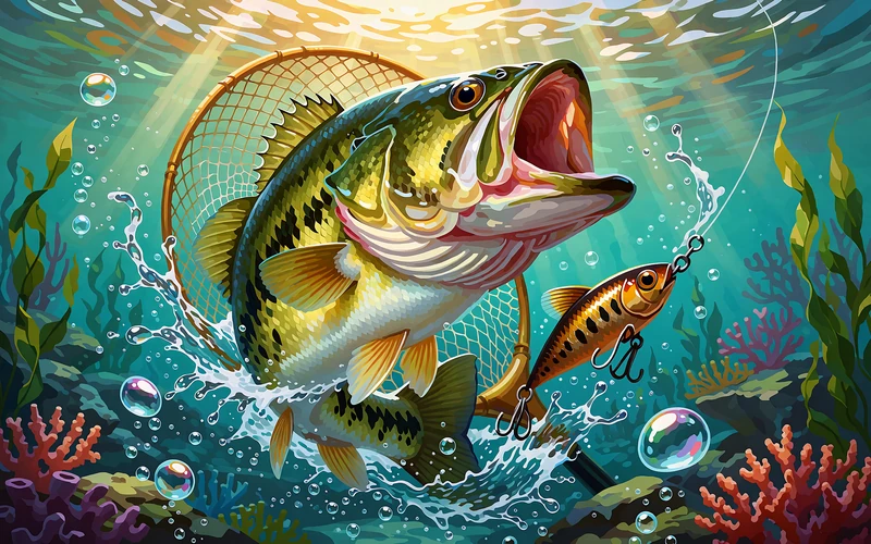 Wyskakujący z wody zielony okoń z przynętą na tle rafy - grafika slotu Big Bass Bonanza w kasynie