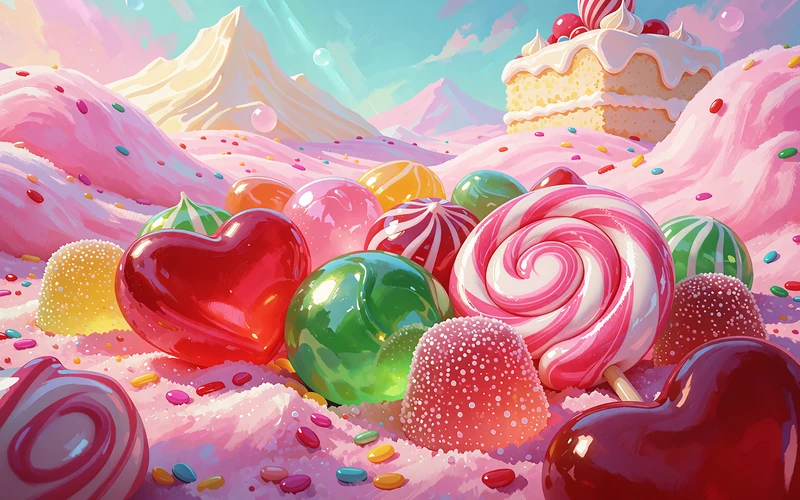 Kolorowe cukierki i lizak na tle różowych wzgórz z waty cukrowej - grafika slotu Sweet Bonanza
